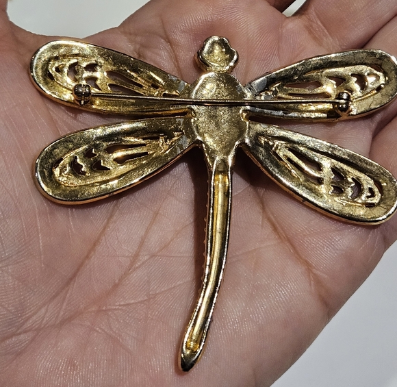 Vtg Gold Dragonfly Brooch  Rhinstones Black Enamel Umarked Possibly Vogue 3" x 2 - Picture 5 of 6